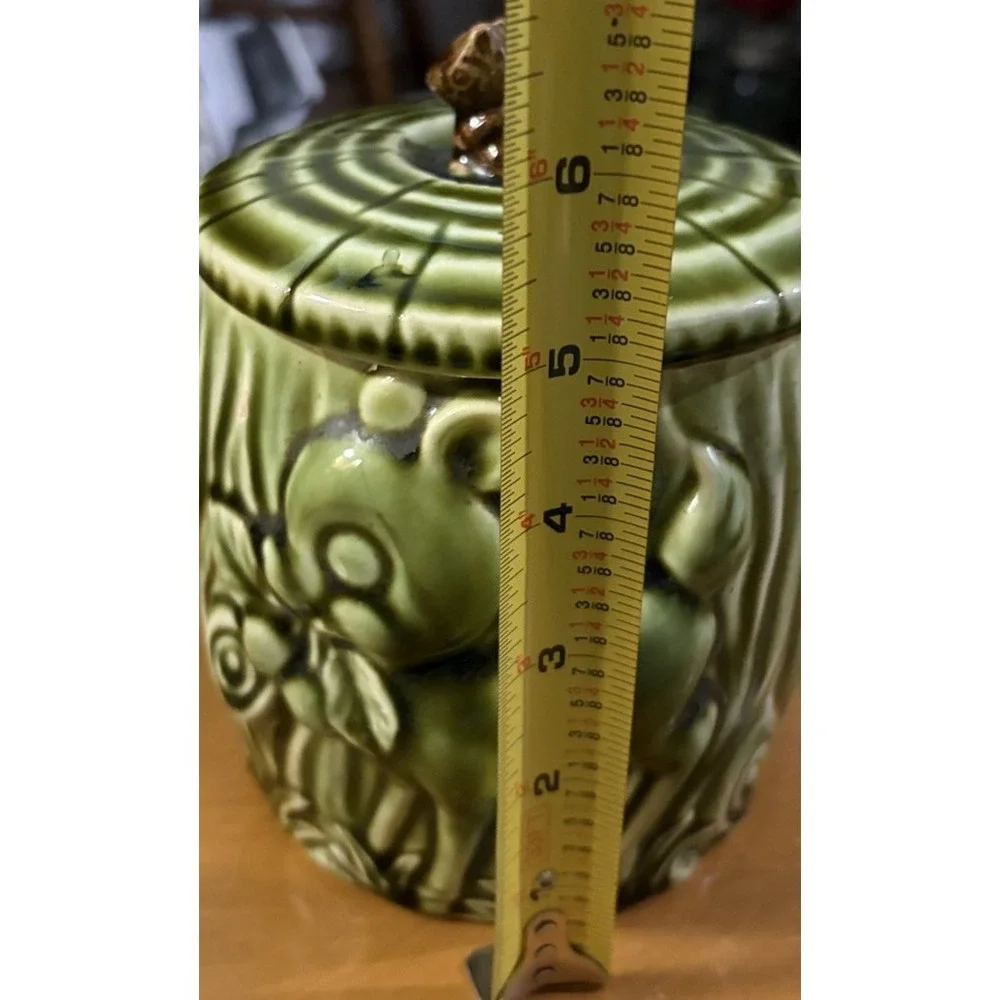 Woodland Deer Cookie Jar Ceramic Green Glaze Squirrel Lid Forest Canister Vtg